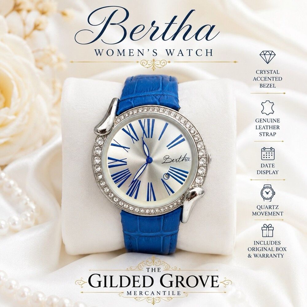 Bertha Womens Crystal Bezel Watch Blue Leather Strap Silver Dial Date New Batt